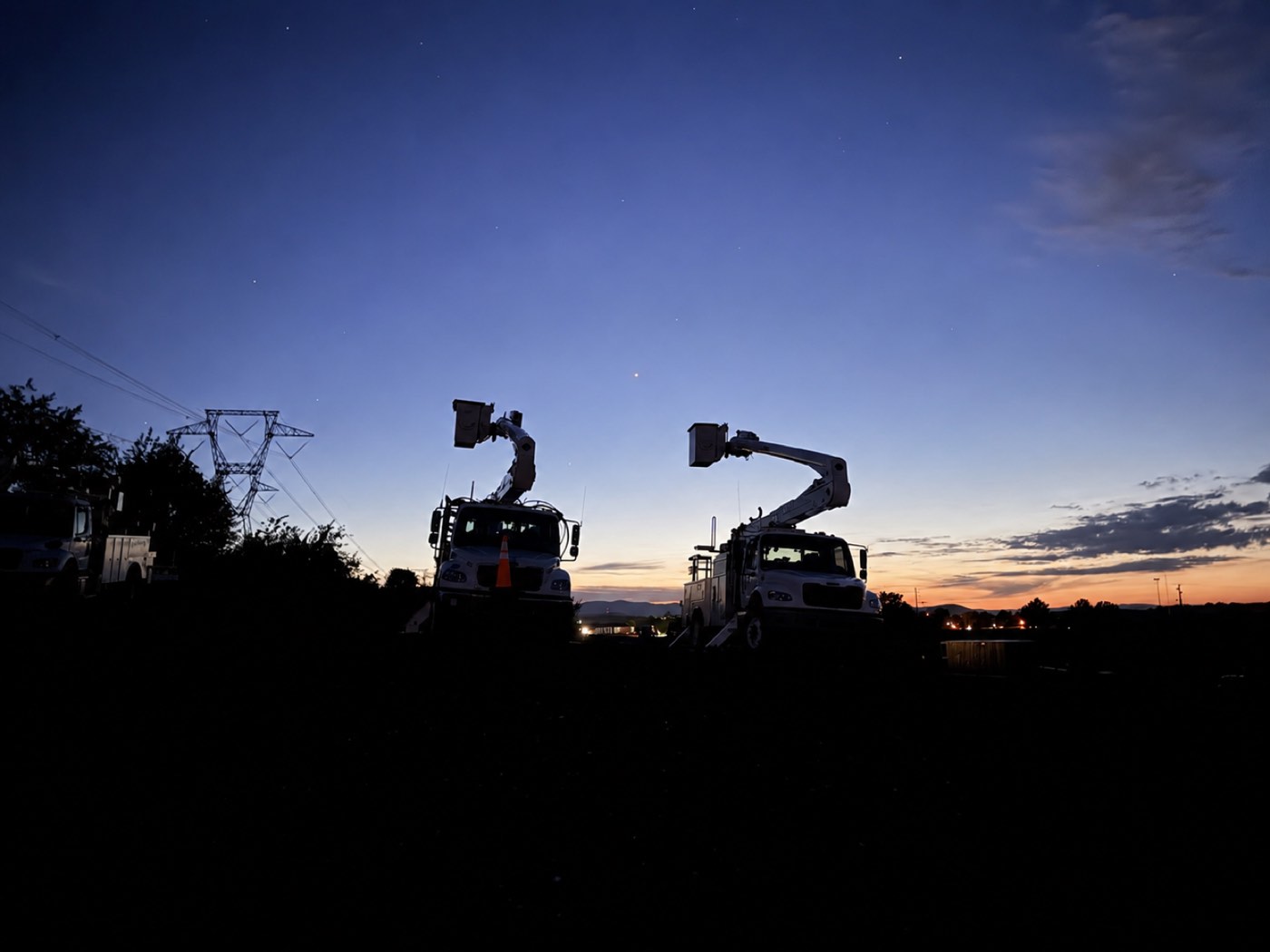 Bucket trucks at twilight